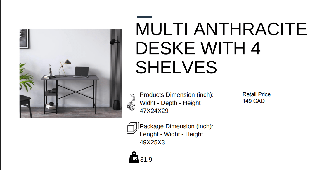 Multi Anthracite Desk with 4 Shelves - Berre Furniture