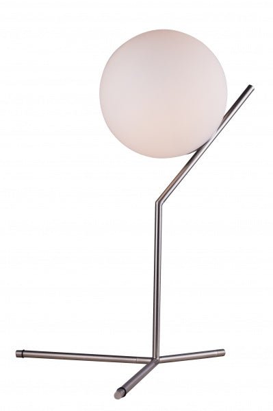 SHINY NICKEL FRAME WITH A MILK WHITE GLASS GLOBE SHADE TABLE LAMP - Berre Furniture