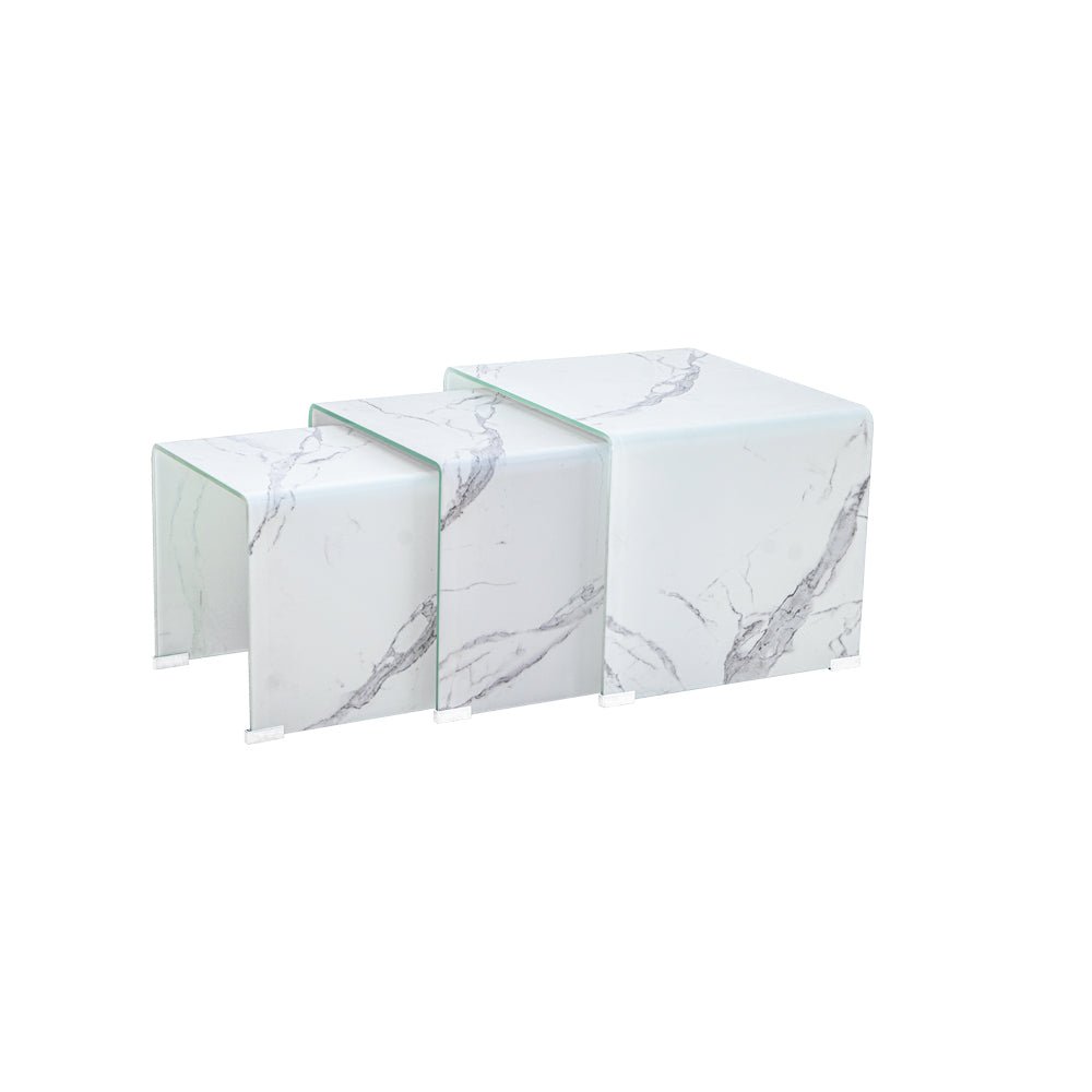 MARBLE LOOK BENT GLASS Table 3 Piece Nesting Tables