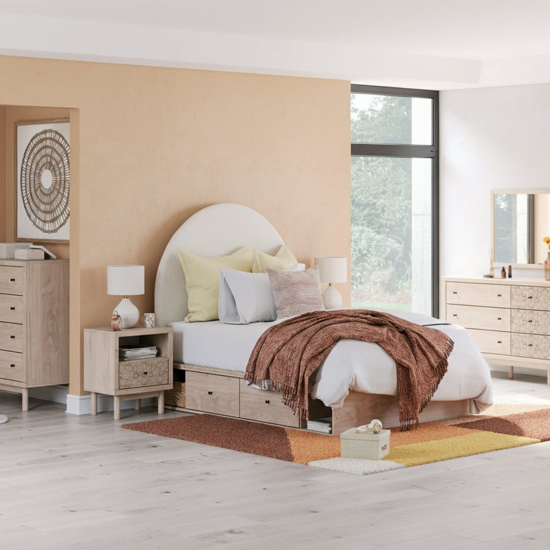 Arloster Upholstered Bed, Dresser, Mirror, Chest & Nightstand, Bedroom Set