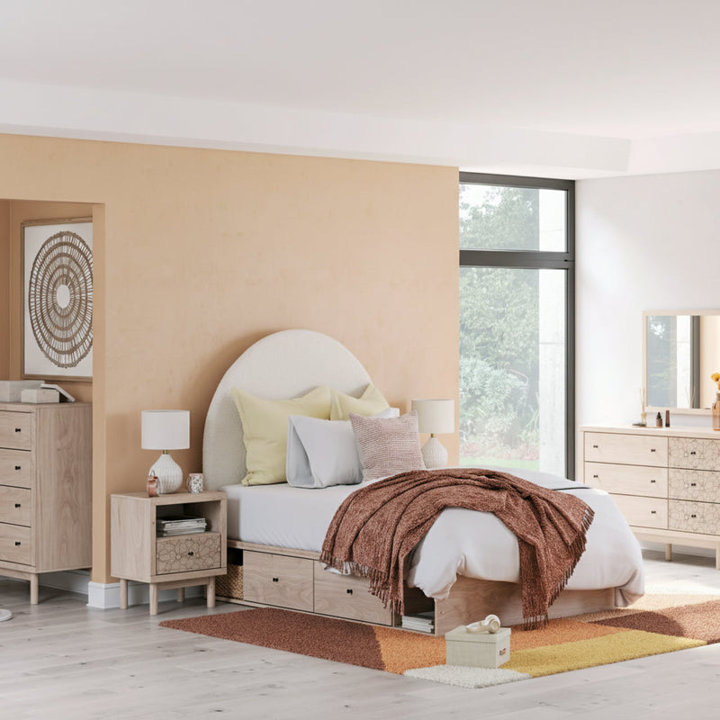 Arloster Upholstered Bed, Dresser, Mirror, Chest & Nightstand, Bedroom Set
