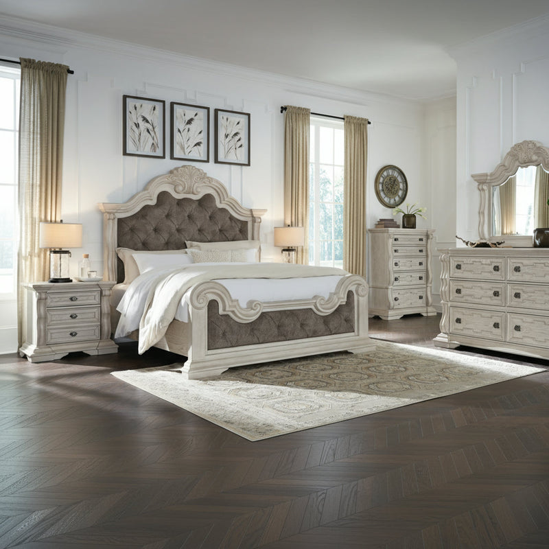 Bruchandi Upholstered Panel Bed, Dresser, Mirror & Nightstand, Bedroom Set