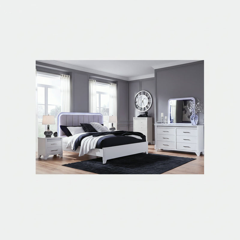 Jarlee Upholstered Panel Bed, Dresser, Mirror, Chest & Nightstand, Bedroom Set