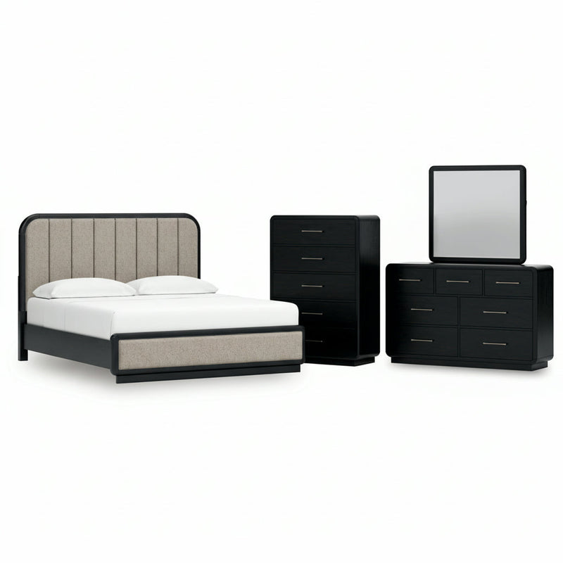 Rowanbeck Upholstered Panel Bed, Dresser, Mirror, Chest & Nightstand, Bedroom Set