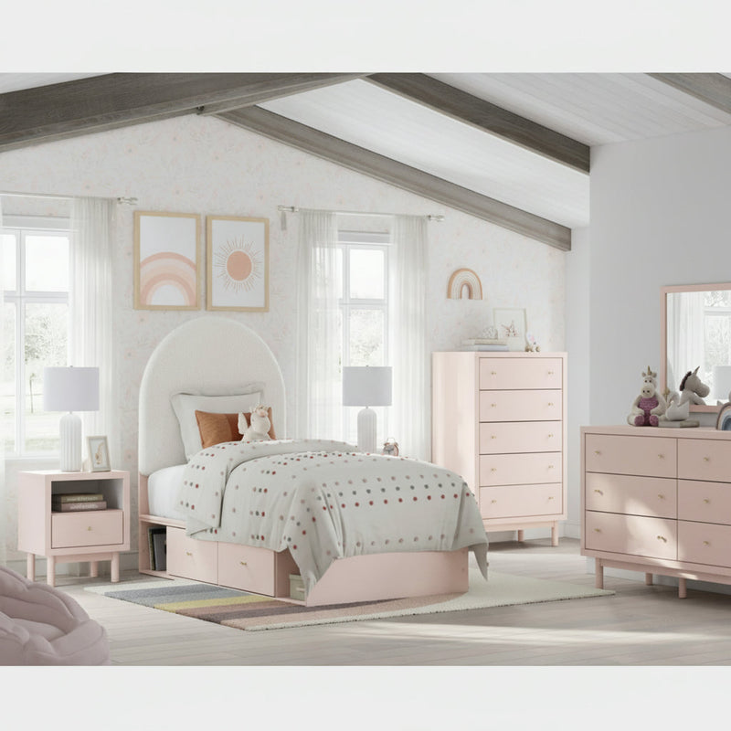 Wistenpine Upholstered Panel Bed, Dresser, Mirror, Chest & Nightstand, Bedroom Set