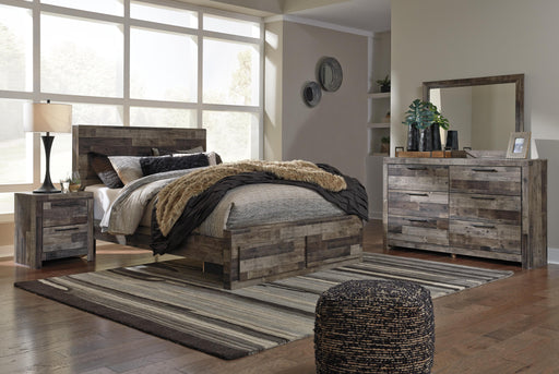 Derekson Bedroom Sets Queen Panel Bed with 2 Storage Drawers Mirrored Dresser and Nightstand