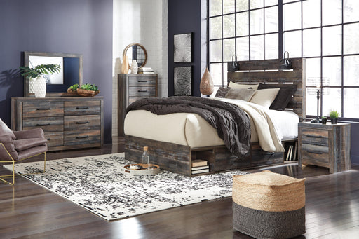 Drystan Bedroom Sets Queen Panel Bed with 2 Storage Drawers Mirrored Dresser and Nightstand