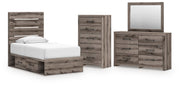 Graystorm Bedroom Sets Twin Panel Bed with Storage Dresser, Mirror and Chest