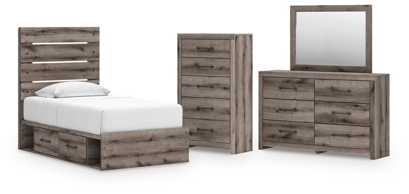 Graystorm Bedroom Sets Twin Panel Bed with Storage Dresser, Mirror and Chest