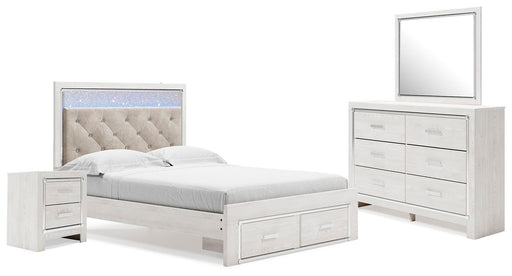 Altyra Bedroom Sets Queen Upholstered Storage Bed Mirrored Dresser and Nightstand