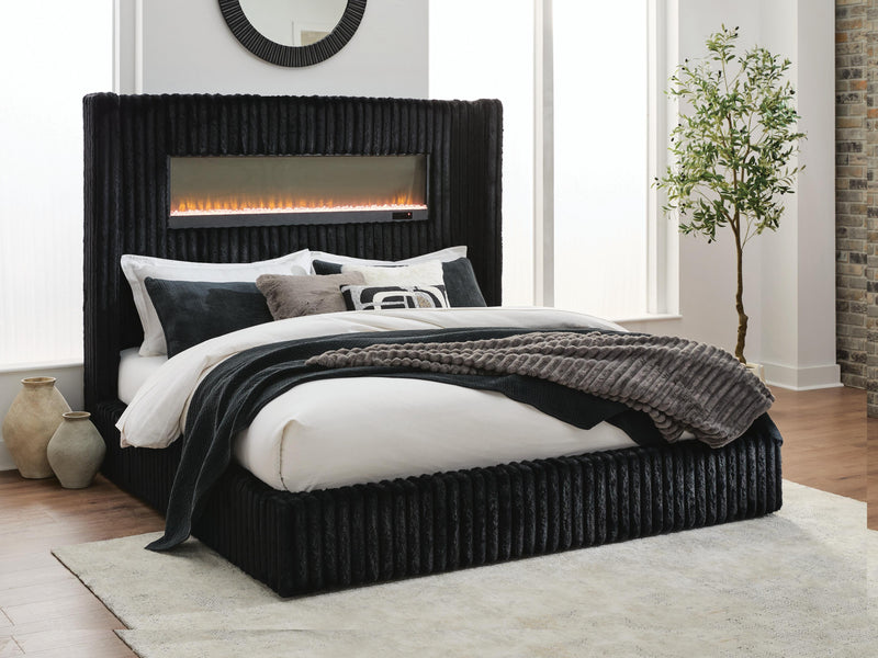 Agrander Upholstered Bed with Fireplace and Wireless Audio
