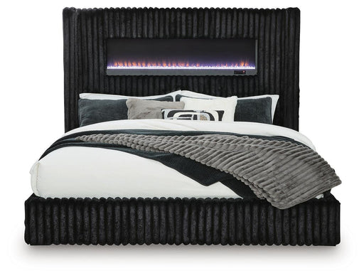Agrander Upholstered Bed with Fireplace and Wireless Audio