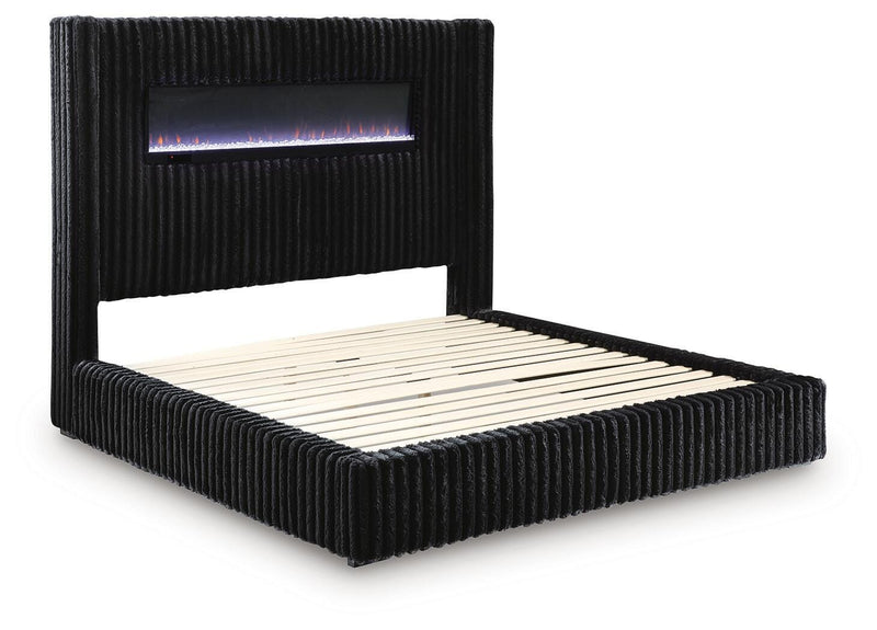 Agrander Upholstered Bed with Fireplace and Wireless Audio