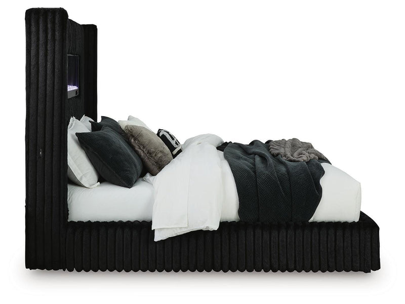 Agrander Upholstered Bed with Fireplace and Wireless Audio