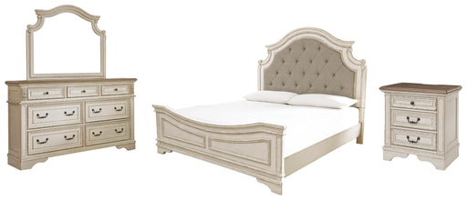 Realyn Bedroom Sets King Upholstered Panel Bed Mirrored Dresser and Nightstand – Chipped White
