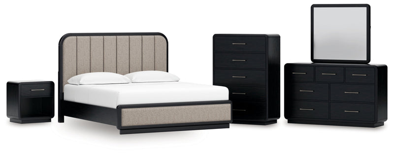 Rowanbeck Upholstered Panel Bed, Dresser, Mirror, Chest & Nightstand, Bedroom Set