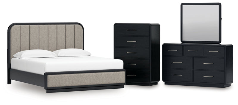 Rowanbeck Upholstered Panel Bed, Dresser, Mirror, Chest & Nightstand, Bedroom Set
