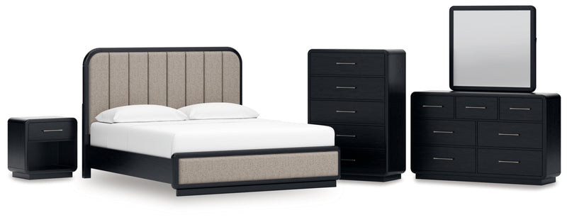 Rowanbeck Upholstered Panel Bed, Dresser, Mirror, Chest & Nightstand, Bedroom Set