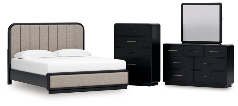 Rowanbeck Upholstered Panel Bed, Dresser, Mirror, Chest & Nightstand, Bedroom Set