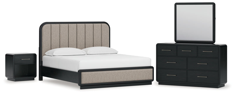 Rowanbeck Upholstered Panel Bed, Dresser, Mirror, Chest & Nightstand, Bedroom Set