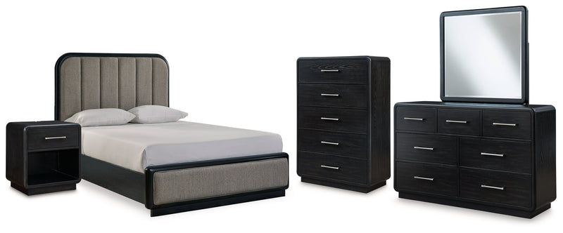 Rowanbeck Upholstered Panel Bed, Dresser, Mirror, Chest & Nightstand, Bedroom Set