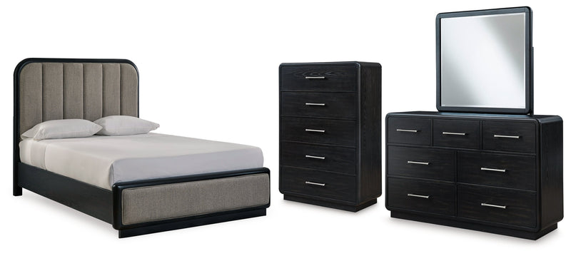 Rowanbeck Upholstered Panel Bed, Dresser, Mirror, Chest & Nightstand, Bedroom Set