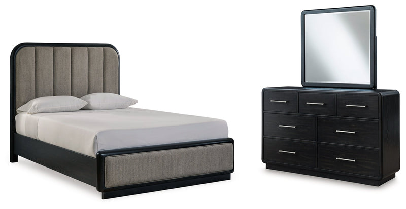 Rowanbeck Upholstered Panel Bed, Dresser, Mirror, Chest & Nightstand, Bedroom Set