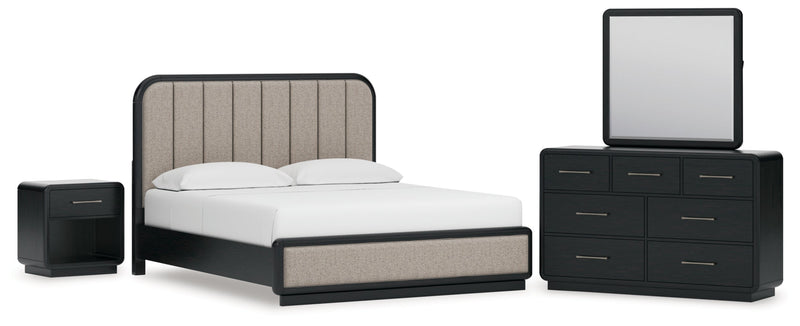 Rowanbeck Upholstered Panel Bed, Dresser, Mirror, Chest & Nightstand, Bedroom Set