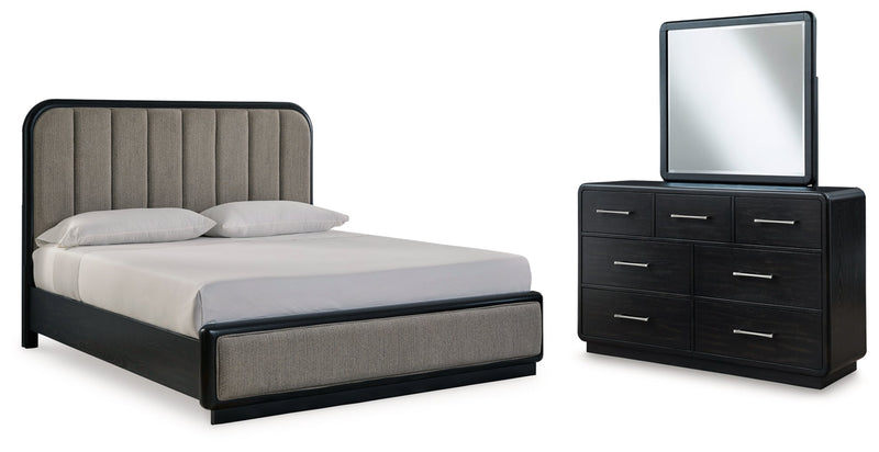 Rowanbeck Upholstered Panel Bed, Dresser, Mirror, Chest & Nightstand, Bedroom Set