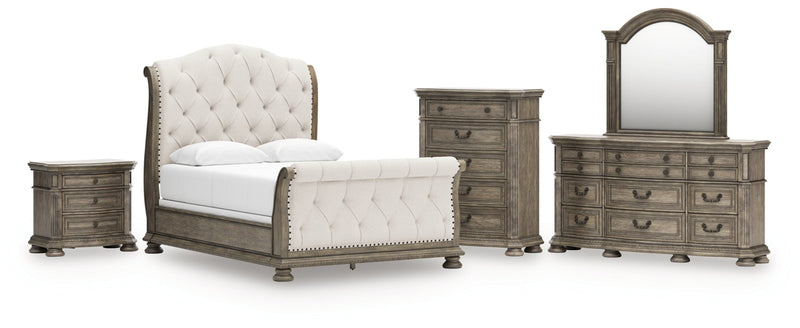 Ardenfield Upholstered Sleigh Bed, Dresser, Mirror, Chest & Nightstand, Bedroom Set