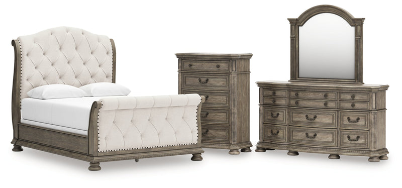 Ardenfield Upholstered Sleigh Bed, Dresser, Mirror, Chest & Nightstand, Bedroom Set