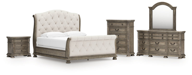 Ardenfield Upholstered Sleigh Bed, Dresser, Mirror, Chest & Nightstand, Bedroom Set