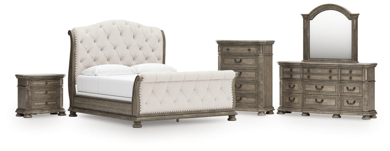 Ardenfield Upholstered Sleigh Bed, Dresser, Mirror, Chest & Nightstand, Bedroom Set