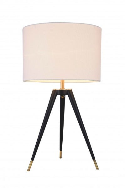 A BLACK FRAME WITH BRASS HARDWARE TABLE LAMP WITH A WHITE LINEN DRUM SHADE - Berre Furniture
