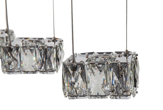 A CHROME FRAME ISLAND LED LIGHT WITH CLEAR CRYSTAL PENDANTS - Berre Furniture