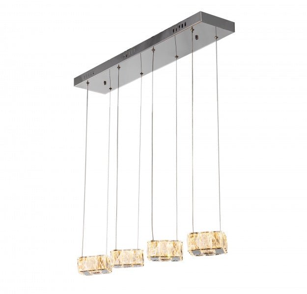 A CHROME FRAME ISLAND LED LIGHT WITH CLEAR CRYSTAL PENDANTS - Berre Furniture