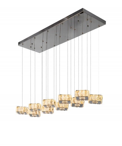 A CHROME METAL FRAME LED ISLAND LIGHT WITH CLEAR CRYSTAL HANGING PENDANTS - Berre Furniture