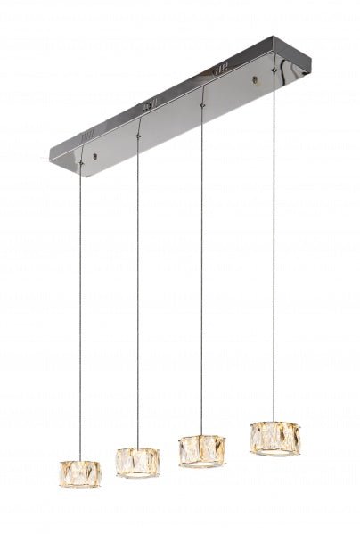 A CHROME METAL FRAME LED ISLAND LIGHT WITH CLEAR CRYSTAL HANGING PENDANTS - Berre Furniture