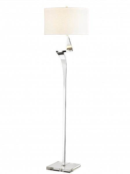 A Chrome Swiveled Frame With A Clear Crystal Base Floor Lamp And A White Drum Shade