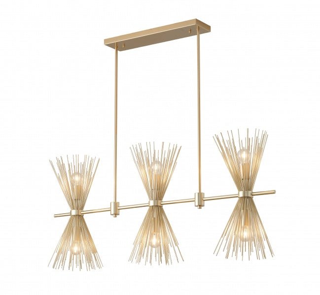 A GOLD IRON CHANDELIER WITH SPIKED CONE SHADES - Berre Furniture