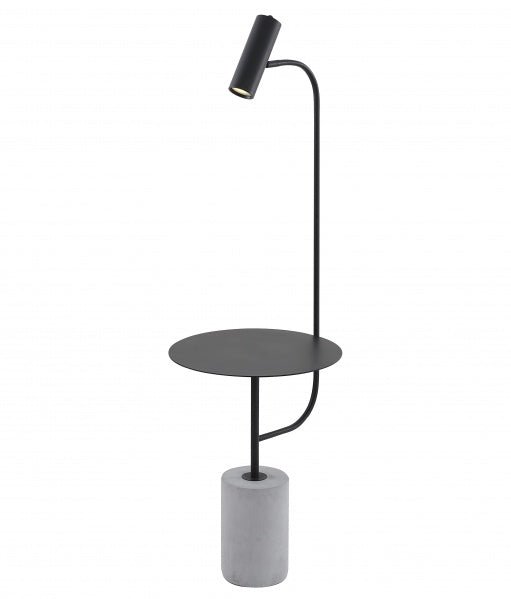 A MATTE BLACK METAL FRAME FLOOR LAMP/SIDE TABLE WITH A CONCRETE BASE - Berre Furniture