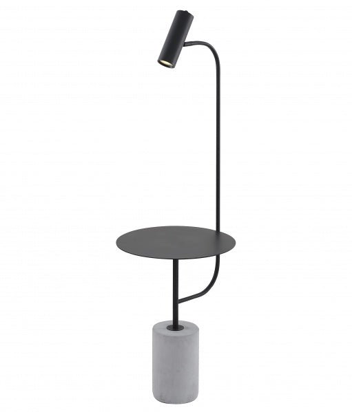 A Matte Black Metal Frame Floor Lamp/Side Table With A Concrete Base