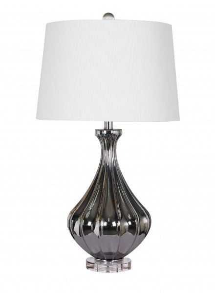 A METALIC CHROME GLASS TABLE LAMP WITH A WHITE SHADE AND A CRYSTAL BASE - Berre Furniture