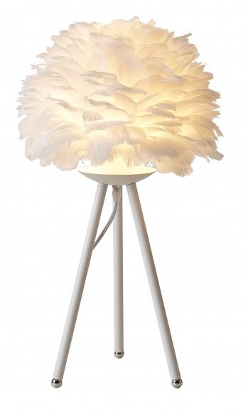 A White Goose Feather Ball Table Lamp With A White Iron Frame