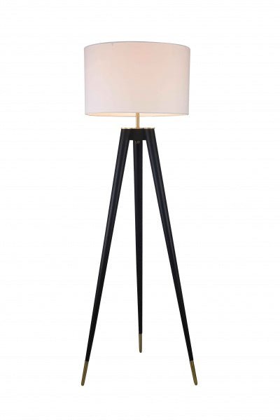 BLACK FRAME WITH BRASS HARDWARE FLOOR LAMP WITH A WHITE LINEN DRUM SHADE - Berre Furniture