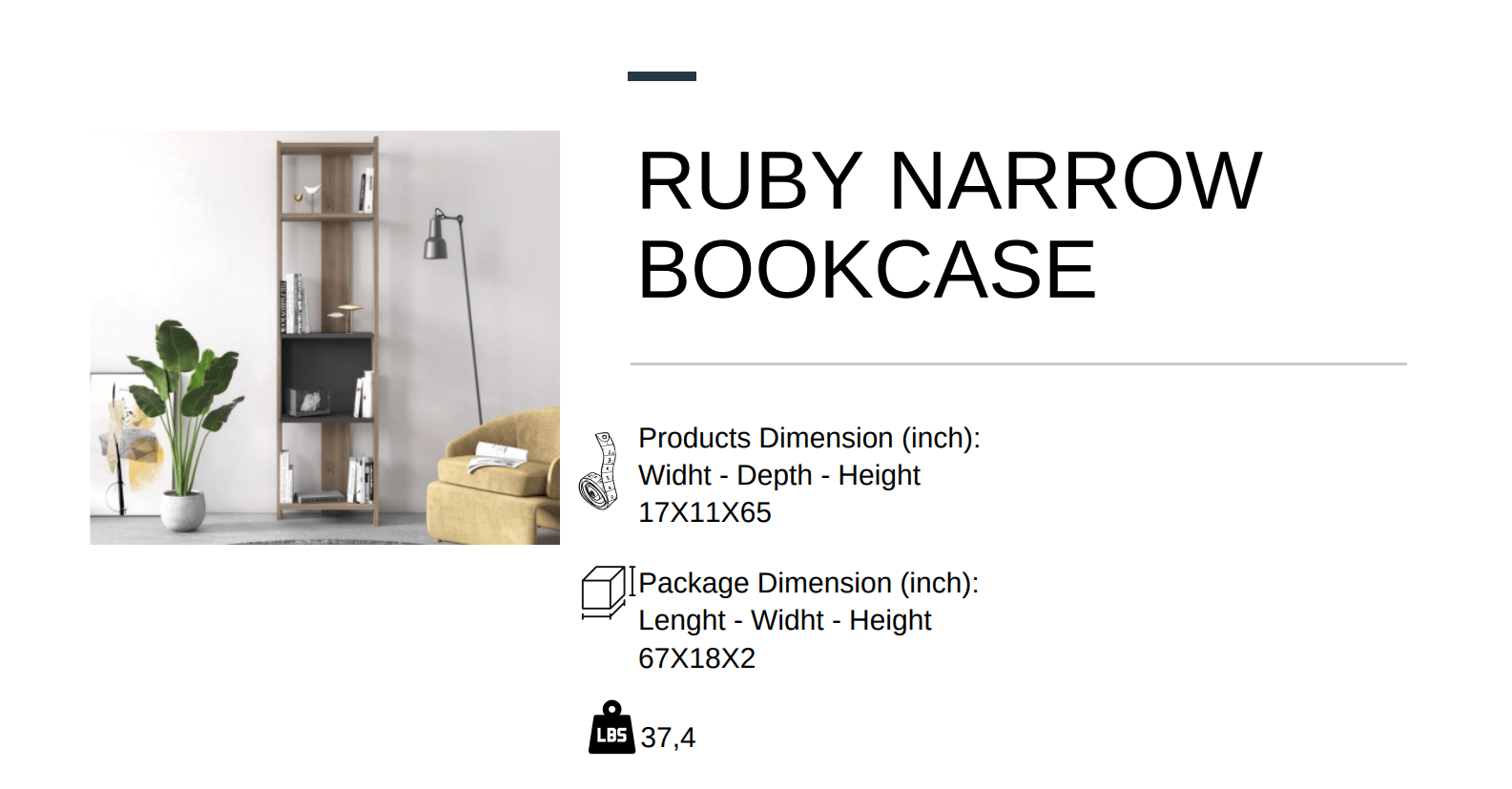 Ruby Bookcase with Shelf Varna Oak - Berre Furniture