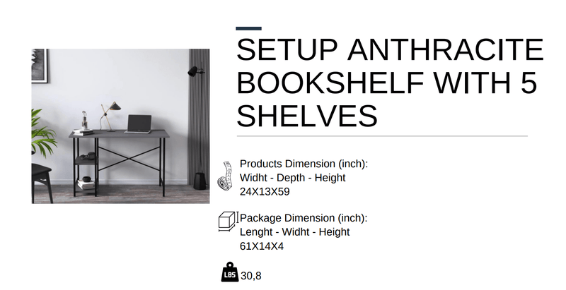 Setup Anthracite Bookshelf with 5 Shelves - Berre Furniture
