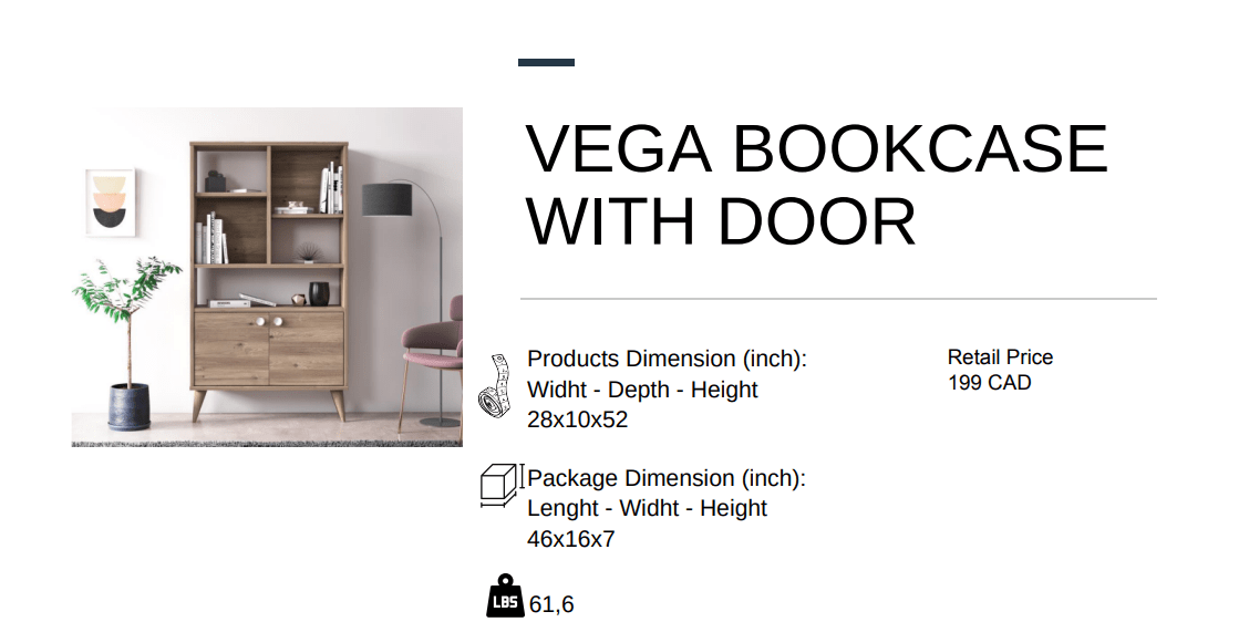 Vega Bookcase With Door - Berre Furniture