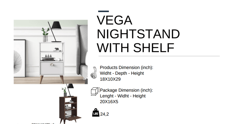 Vega Nightstand with Shelf Victoria Walnut - Berre Furniture