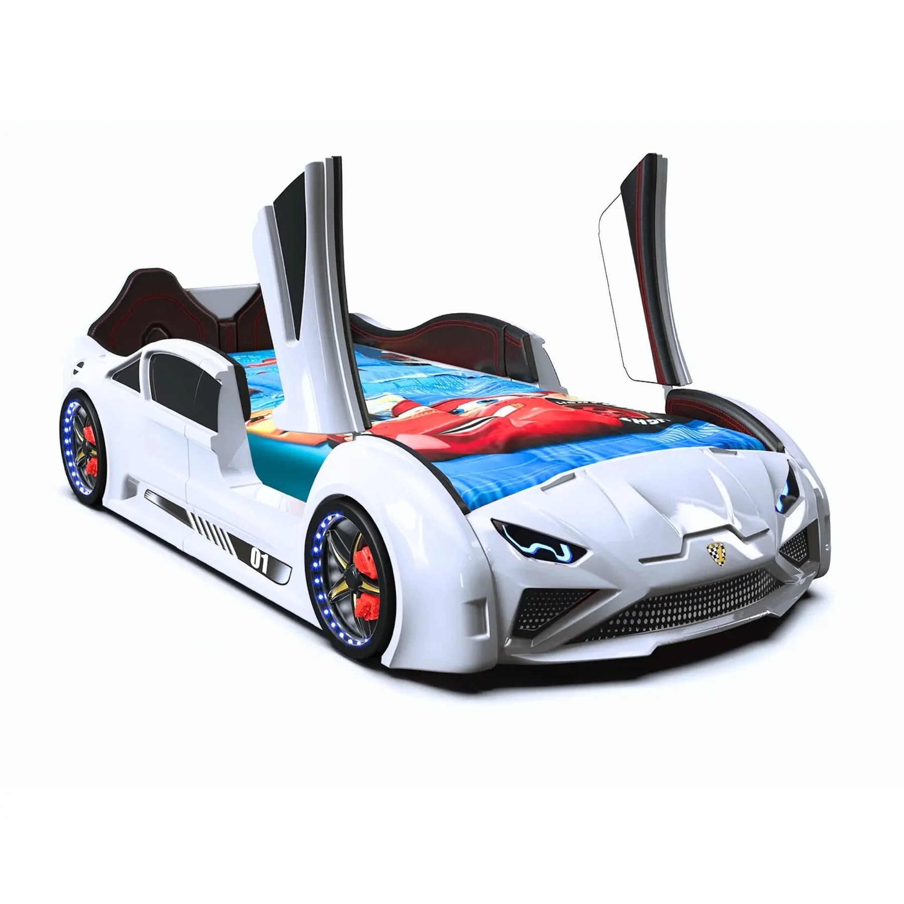 Lambo Race Car Bed for Kids with Led Lights & Sound Effects White